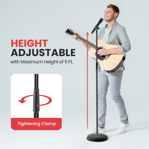 Pyle Adjustable Microphone Stand - Universal Mic Stand with Compact Heavy Base, Floor Standing Design, Height Adjustable, Pivot Angle Clip for Singing & Recording (2.8’ - 5’ ft., 9.8” Base Diameter) - size: 1 Pack