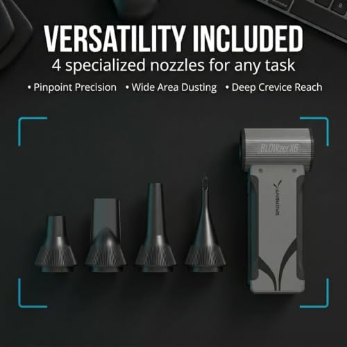 SABRENT Blowzer X6 Rechargeable Cordless Air Duster, 130,000 RPM (TF-BZX6) | Electric compressed air duster, Handheld blower, 3-Speed 86 m/s, 100-min runtime, 4 nozzles, PC, keyboard, car detailing