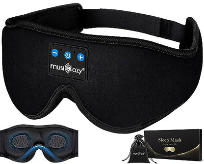 MUSICOZY 3D Sleep Headphones Bluetooth 5.4 Sleep Mask with HD Speakers | Soft Velvet Cotton Fabric, Blackout Design, Side Sleeper Comfort, Washable Style, 14 Hours Playtime, Travel Meditation Gifts - color: Deep Black