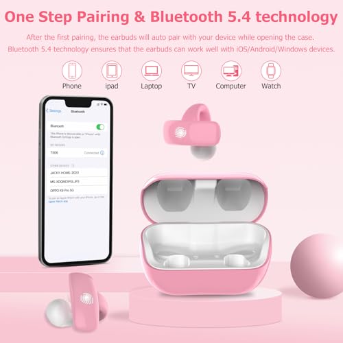 iDIGMALL Kids Wireless Earbuds, Open Ear Clip On Headphones for Teen, Pink | 85dB Volume Limit, 20 Hours Charging Case, Bluetooth 5.4, Built-in Mic, For Teens Child Girls Boys Home School Travel Sports - color: Pink