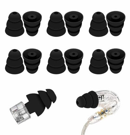 Large Size 6 Pairs Triple Flange Compatible with Shure SE215 Pro Ear Tips, Noise Reduce with 2mm Connector Hole Eartips Earbuds Compatible with Etymotic Research/Klipsch/Westone - L Black