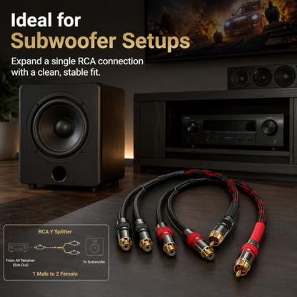 RCA Y Splitter Cable 1ft 2-Pack, 1 Male to 2 Female RCA Splitter, 4N OFC Braided Shield 24K Gold Plated Audio Splitter for Subwoofer Amplifier Home Theater Car Stereo for Pioneer Sony Yamaha