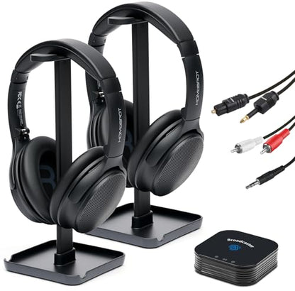JM320 Wireless TV Headphones with BA210 v2 Auracast Transmitter | 2 Headphones Share 1 Transmitter | Plug & Play | LE Audio, <40ms Latency | Up to 300ft | 60-Hour Battery | Optical, AUX & RCA - style: 2 Headphones 1 Transmitter