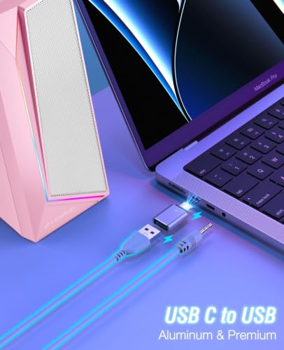 LENRUE Computer Speakers, USB/USB-C Powered AUX Audio for PC Speakers with Loud Stereo Sound, Headphone-in, Touch Lights for Desktop, Computer, Laptop, Desk（USB-C to USB Adapter Included - color: Pink