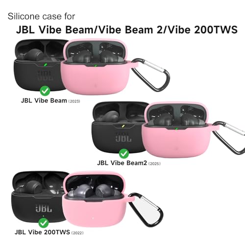 Silicone Case for JBL Vibe Beam 2, JBL Vibe Beam, JBL Vibe 200TWS True Wireless Headphones, Premium Shockproof Case Cover with Carabiner. (Pink) - color: Pink
