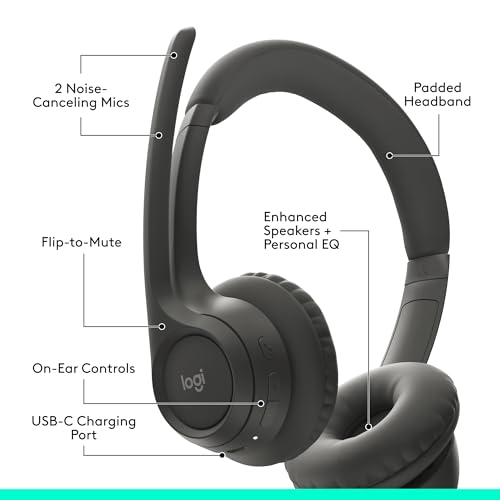 Logitech Zone 301 Wireless Bluetooth Headset - Graphite | Noise-canceling microphone, compatible with Windows, Mac, Chrome, Linux, iOS, iPadOS, Android - color: Graphite