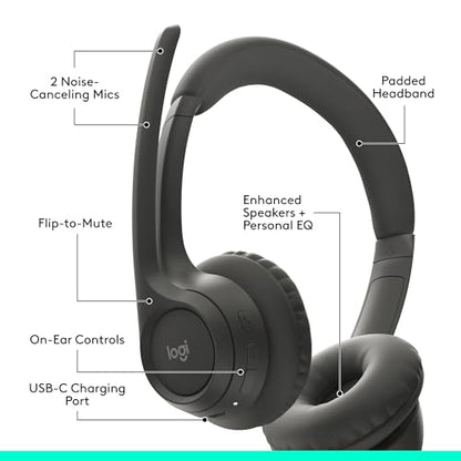 Logitech Zone 301 Wireless Bluetooth Headset - Graphite | Noise-canceling microphone, compatible with Windows, Mac, Chrome, Linux, iOS, iPadOS, Android - color: Graphite