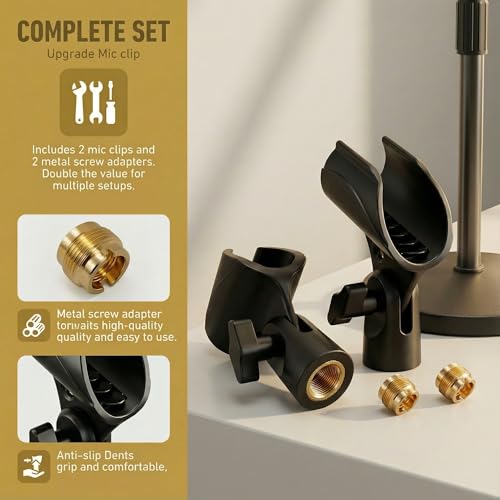 Upgraded Adjustable Microphone Clip, Universal Mic Clip Holder for Mic Stand, Compatible with Dynamic Microphone, Come with 5/8" to 3/8" Screw Adapter