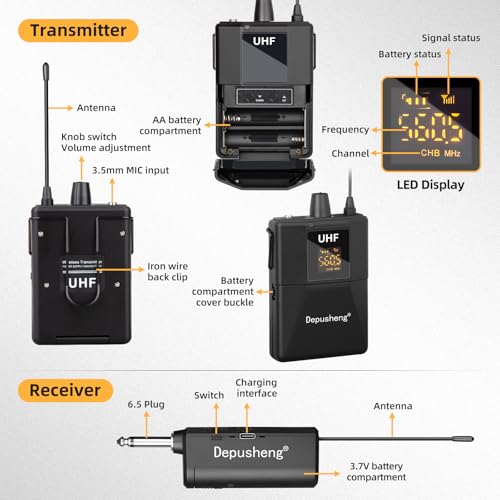 Depusheng UHF Wireless Microphone Headset System -Wireless Headset Mic System, with Lavalier Lapel Mics,200ft Range, 1/8'' and 1/4'' Plug for Recording PA Speaker,Conference