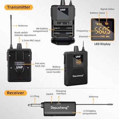 Depusheng UHF Wireless Microphone Headset System -Wireless Headset Mic System, with Lavalier Lapel Mics,200ft Range, 1/8'' and 1/4'' Plug for Recording PA Speaker,Conference