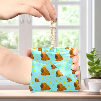 Leather Waterproof Portable No Zipper Purse, Coin Pocket Pouch Change Holder, Small Storage Bag for Men Women Headset Credit Card ID Key Lipstick, (Cute Capybaras)