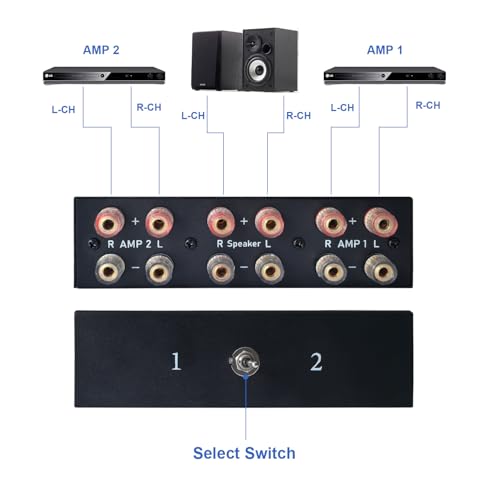 Dingsun 2-Way Audio Switcher Can Support Two Amplifiers, One Audio or One Amplifier, Speaker Switcher Selector Switch Splitter Loudspeaker Control Combiner Box 2(1)-in-1(2)-Out