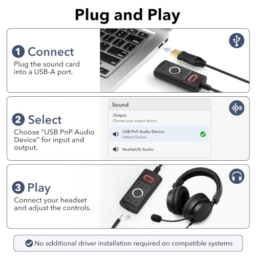 1Mii S03 External USB Sound Card, 7.1 Surround USB 3.5mm Jack Audio Adapter | for PC to Headphones, Plug & Play, Volume Control and Mic Mute for Gaming, USB to AUX for Headset, Computer, PS4, PS5, 6FT