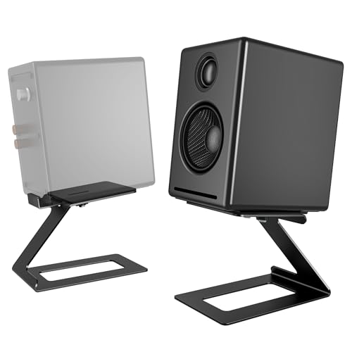 Desktop Speaker Stands, Adjustable Depth 5.5″–7.5″, 1 Pair | 17.6lbs Capacity Each, with Vibration Absorption Pads, Cantilevered Stand for Small & Medium Bookshelf Speakers, Black