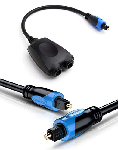 BlueRigger Toslink Cable (6FT) with 1x2 Toslink Splitter - 1 Male Input 2 Female Output - with 24K Gold Plated Connectors (for Home Theatre, Xbox, PlayStation etc.)
