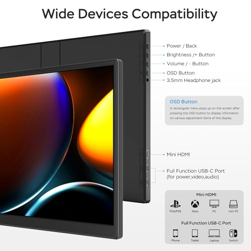 WGK 14 inch Portable Monitor 1200P FHD+ 100% sRGB Travel Display HDMI/USB-C Compatible with Laptops, Desktops, Phones, PS, Mac, Xbox, Switch, and Other Gaming Devices Includes Stand and Speakers VESA - size: 14 Inch 1200P