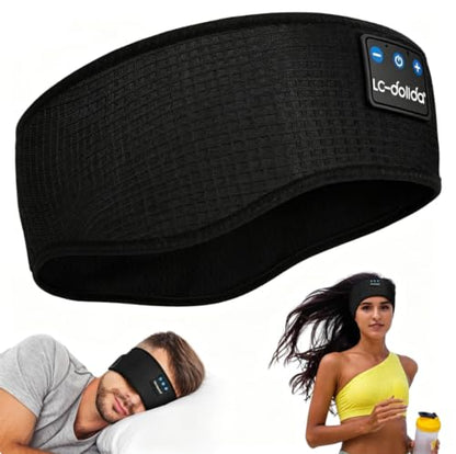 LC-dolida Bluetooth Headband, Wireless Band Sleep Headphones Sleep Mask with Thin HD Stereo Speakers Music Headband Perfect for Side Sleepers, Sport - color: Deep Black
