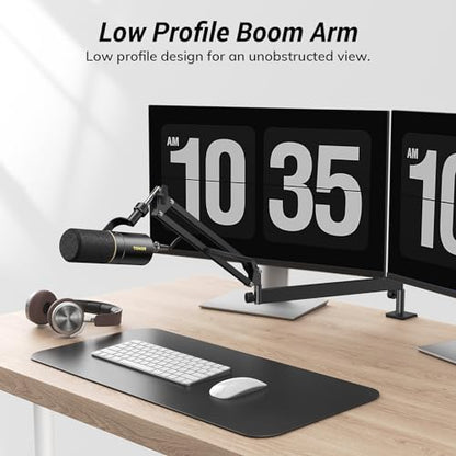 Tonor Mic Arm Desk Mount, Low Profile Boom Arm for Microphone, Adjustable Mic Stand with Desk Mount Clamp, 3/8’’ and 5/8’’ Screwadapter for Most Micr, 38 cm +35 cm(15''+14''), Black, T20LP - color: Black, style: Visible Spring