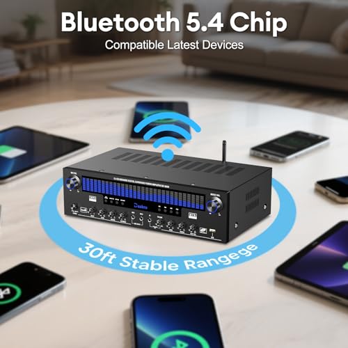 Daakro Stereo Receivers Home Audio Amplifier w/DSP Display,300W Rated Power 5.1 Channel Bluetooth Receiver,Home Amp w/BT/CD/DVD/AUX/USB/BT/FM/Opt/COA/MIC for Home/Studio/Theater Passive Speaker - size: 3800