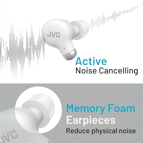 JVC Active Noise Cancelling True Wireless Earbuds - Bluetooth 5.3 with ANC - Comfortable Fit with S/M/L Silicon & Memory Foam Earpieces - IPX4 Water Resistant - 28 Hrs Playback - Compact Charging Case - color: White