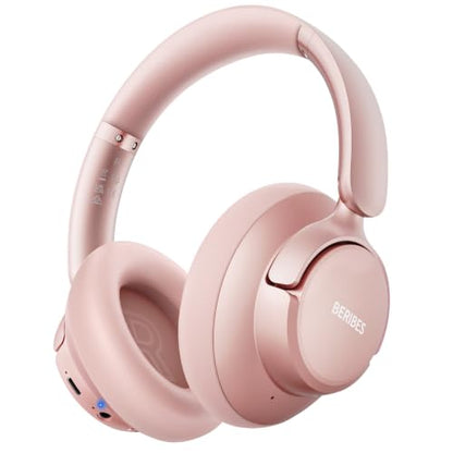 BERIBES Hybrid Active Noise Cancelling Headphones Wireless Over Ear 70Hours | Foldable Bluetooth 6.0,Transparent Modes,3.5MM Cable,Lightweight Built-in Mic,HiFi Stereo Deep Bass,Soft-Earpad,Fast Charging - color: Rose gold-1
