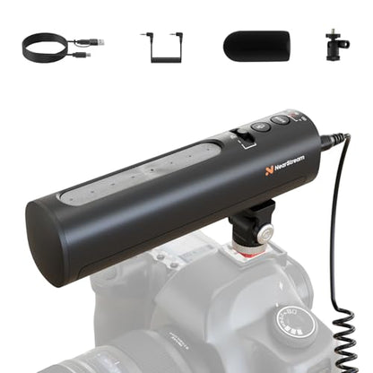 Shotgun Microphone for Camera with Cold Shoe Mount (AM10B) | USB Condenser Microphone for DSLR/PC, Podcast Mic with 8 Mic Array, 12H Battery, 3 Polar Pattern, Volume Control, Monitoring