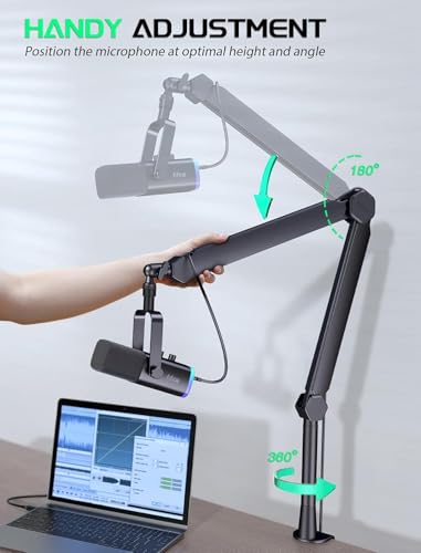 FIFINE BM66T Microphone Boom Arm with Extension Tube for Podcast Recording | Fully Adjustable Metal-Built Mic Stand, Cable Management Channels, Desk Clamp, Thread Adapter for Streaming Gaming - size: BM66T Black（With Extension Tube)