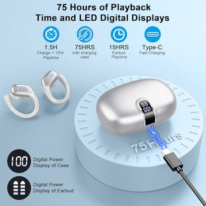 Wireless Earbuds, 75hrs Bluetooth 5.4 Headphone Sport, 2026 Bluetooth Earbuds Deep Bass Over Ear Buds with Earhooks, ENC Noise Cancelling Earphone Mic, IP7 Waterproof for Workout/Running/Gym Sliver - color: Sliver