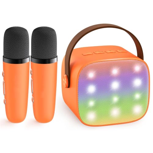 YLL Mini Karaoke Machine for Kids Adults, Portable Bluetooth Speaker with 2 Wireless Microphones, Birthday Gifts Toys for Girls Boys Ages 3, 4, 5, 6, 7, 8, 9,10,11,12+ Years Old Toddler (Orange) | Portable Bluetooth Mini Speaker with 2 Wireless Microphone