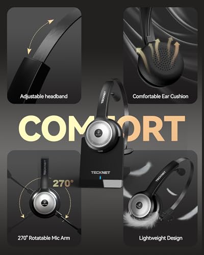 TECKNET Wireless Headset for Work Bluetooth Headphones with Mic USB Dongle | 45Hrs Worktime, AI Noise Cancelling, Charging Base, Computer Headset for PC Laptop Calls, Meetings and Office Use