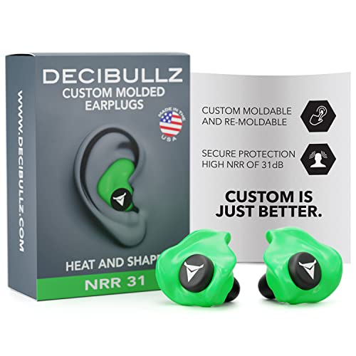 Decibullz - Custom Molded Earplugs, 31dB Highest NRR, Comfortable Hearing Protection for Shooting, Travel, Swimming, Work and Concerts (Green) - color: Green