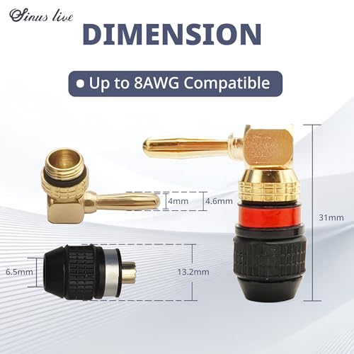KCT 24K Real Gold Plated Right-Angle Speaker Banana Plugs Fast Lock 6 Pairs(6 red +6 Black) Quick Connect 90 Degree