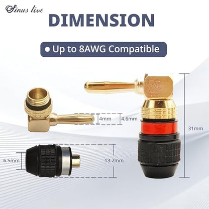 KCT 24K Real Gold Plated Right-Angle Speaker Banana Plugs Fast Lock 6 Pairs(6 red +6 Black) Quick Connect 90 Degree