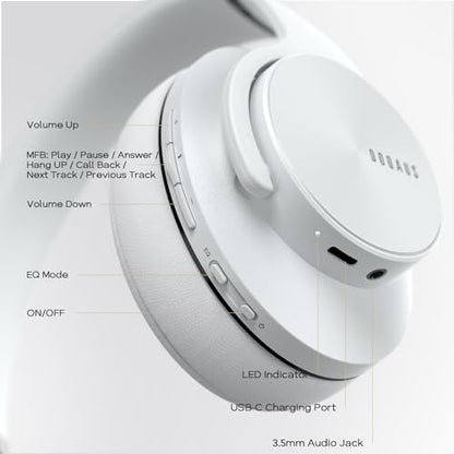 DOQAUS Bluetooth Headphones Over Ear, 90H Playtime, 3EQ Mode, with ENC Mic | Hifi Stereo Sound, Lightweight, Headphones Wireless with Soft Memory Foam Earpads, Deep Bass for Home Office Cellphone PC - color: White
