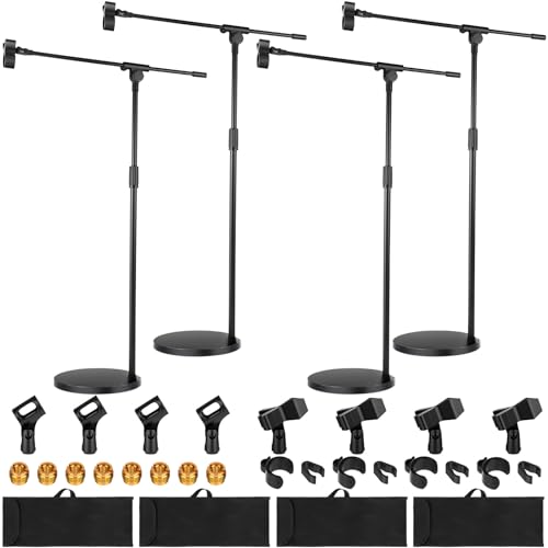 Relaxweex 4 Set Microphone Stands, Boom Arm Floor Mic Stand with Weighted Base, Adjustable Max Height 82" Includes 12 Mic Clips, Screw Adapter and Carrying Bags for Singing Stage Wedding Band Church