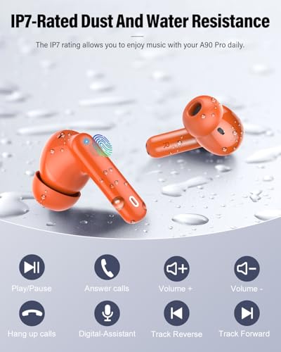 Wireless Earbuds, Bluetooth 5.4 Headphones Bass Stereo, Ear Buds with Noise Cancelling Mic, IP7 Waterproof in Ear Earphones, 36H LED Display Bluetooth Earbuds for Laptop Pad Phones, Deep Orange | Ear Buds with Noise Cancelling Mic LED Display, 36H, IP7 Wa