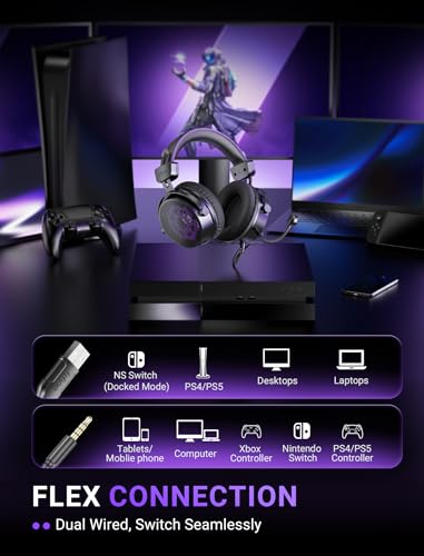FIFINE H18V Lite Wired Open Back Gaming Headset, for PC, Xbox, PS4/5 | 3.5mm/USB Dual Connectivity, Large 53mm Drivers, Immersive 7.1 Surround, Airy Mesh Earmuffs, Active Noise Canceling Mic - color: Black and purple
