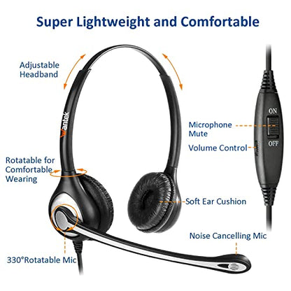 Wantek Telephone Headset with Microphone Noise Cancelling, RJ9 Phone Headset Compatible with Volume Adjustment Mute Control Switch for Call Center Office - color: 601RJ4