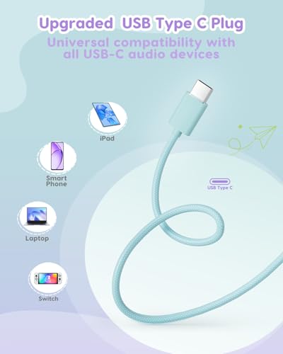 awatrue USB‑C Kids Headphones for School,74‑85‑94dB Limiter, w/Mic HK07C | Foldable Wired Over Ear Headphones, for Toddler School/Travel/iPad/Tablet, Purple-Green - color: USB-C Green‌ Purple