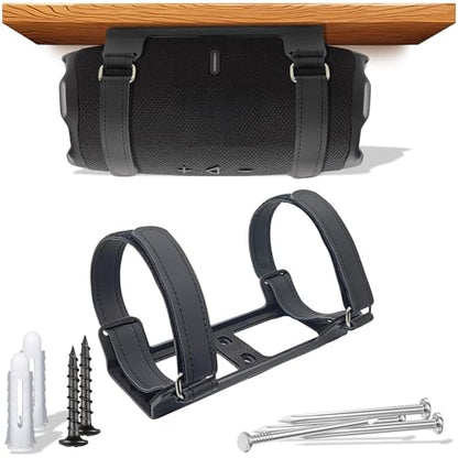 Metal Wall Mount compatible for jbl Charge 6/Charge 5/Flip 7/Flip 6 speaker | secure shelf holder with adjustable leather straps for charge 4/flip 5,underdesk Bracket for Ceiling/boat/bike/jet ski,black