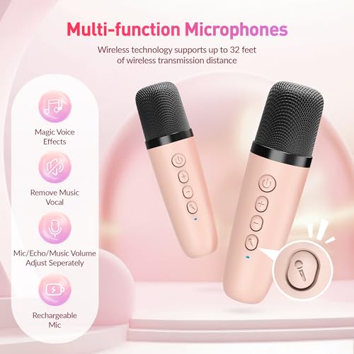 Karaoke Machine for Kids Adults, Mini Portable Bluetooth Karaoke Speaker with 2 Wireless Microphone and Lights, Christmas Birthday Gifts for Girls Ages 4, 5, 6, 7, 8, 9, 10, 12+ Family Home Party - color: P-ink