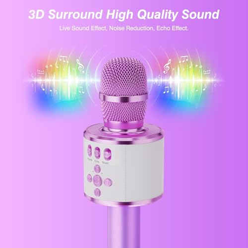 BONAOK Karaoke Microphone for Kids & Adults - Bluetooth Microphones Singing Mic with Disco Lights, Echo Effect, Built-in Speaker Portable Karaoke Player for Party Travel Gifts Q78(Light Purple) - color: Light Purple