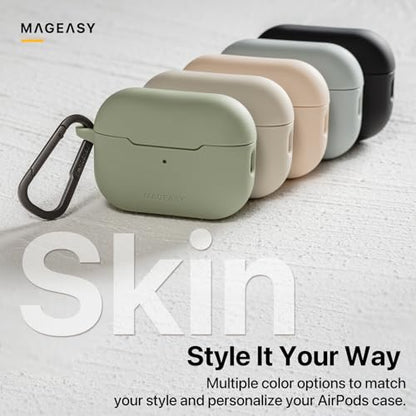 MAGEASY Skin AirPods Pro 2 & Pro 1 Case with Carabiner Clip, TPU Shockproof Protective Cover for 1st & 2nd Generation, Secure Lid Stain-Resistant, Wireless Charging Compatible (Mirage Grey) - color: Mirage Gray, size: AirPods Pro 2 & AirPods Pro 1