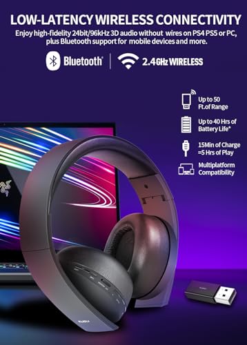 PS5 Headset Wireless - Separate Game and Chat Audio - 2.4Ghz 3D Audio Foldable Gaming Headphones Bluetooth 5.3 Earbuds with Dual Hidden Noise-cancelling Mic for Playstation PS4 Switch PC Mac (Black)