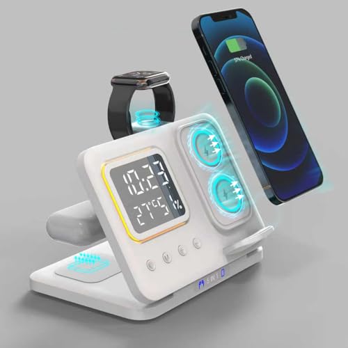 IHAO 5in1 Multi Functional Wireless Charging Station Digital Clock 15W Fast Charging Temperature Display Wireless Charger for All Qi Phone and TWS Headphone Compliant with Apple Watch-DH15 White - color: 5IN1 Wireless Charger Alarm Clock DH15 White