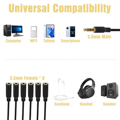 3.5mm Multi Headphone Splitter, 3.5mm Splitters 1 to 6 Ways 1/8inch TRS Male to 6 Female Multiple Headphone Jack Splitter Audio Splitters Cable Headphones Cord for Earphone Headset Laptop Phone, 1.5FT