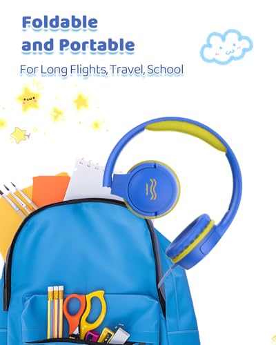 Wired Kids Headphones with Mic, 85/94dB Safe Volume Control, Foldable On-Ear Headset for School, Travel, Tablet & Laptop, 3.5mm Jack, Blue/Lime Green - color: Blue LimeGreen