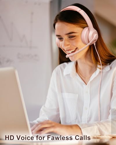 JIAMQISHI USB Headset with Microphone for PC, On-Ear Computer Laptop Headphones with Noise Cancelling Mic in-line Control for Home Office Online Class Zoom (USB+3.5mm, Pink) - color: Pink, style: USB+3.5mm