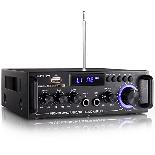 Facmogu BT-298 프로 홈 오디오 앰프, 블루투스 5.0 수신기 홈 스테레오 수신기, 최대 400Wx2 RMS 50Wx2 HiFi 사운드 오디오 시스템 무선 파워 앰프, 마이크 입력, 에코, 베이스 및 트레블 포함, USB/RCA/FM 포함 - style: 최대 400Wx2