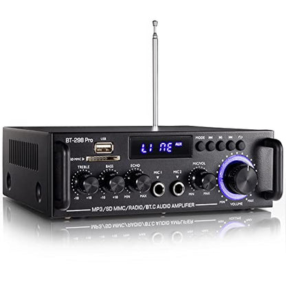 Facmogu BT-298 프로 홈 오디오 앰프, 블루투스 5.0 수신기 홈 스테레오 수신기, 최대 400Wx2 RMS 50Wx2 HiFi 사운드 오디오 시스템 무선 파워 앰프, 마이크 입력, 에코, 베이스 및 트레블 포함, USB/RCA/FM 포함 - style: 최대 400Wx2